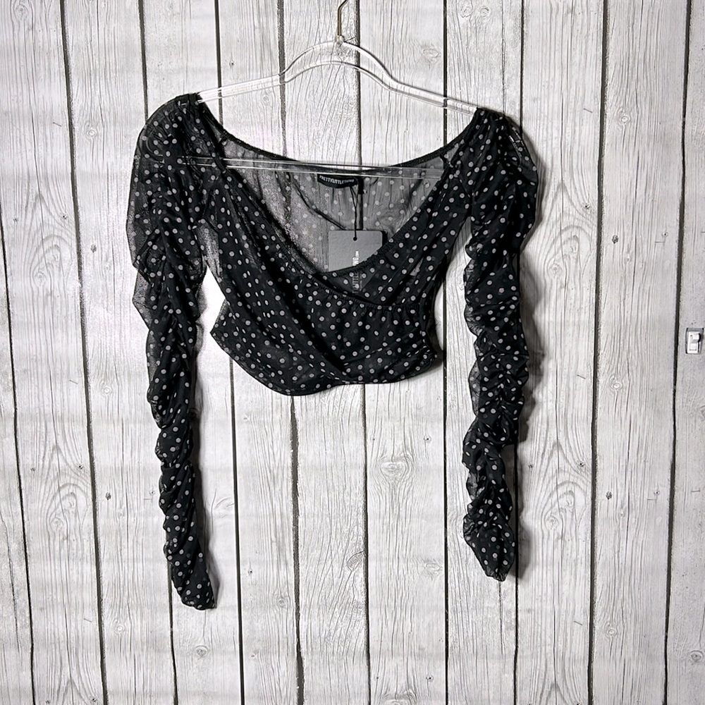 Prettylittlething black dobby mesh ruched sleeve Bardot crop top size 6